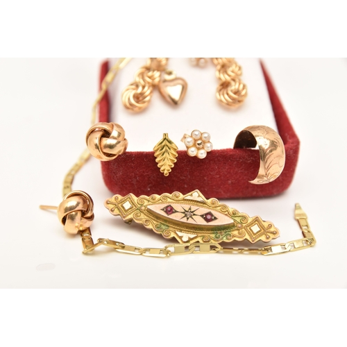 454 - SIX PAIRS OF EARRINGS, A BRACELET AND A BROOCH, to include a pair of knot studs, a pair of drop earr... 