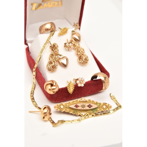 454 - SIX PAIRS OF EARRINGS, A BRACELET AND A BROOCH, to include a pair of knot studs, a pair of drop earr... 