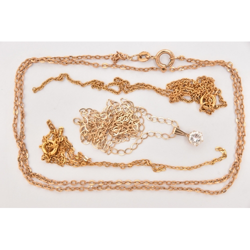 456 - FOUR CHAINS, to include a fine belcher chain with a cubic zirconia pendant, stamped 9k, a fine trace... 