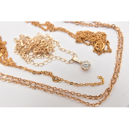 456 - FOUR CHAINS, to include a fine belcher chain with a cubic zirconia pendant, stamped 9k, a fine trace... 