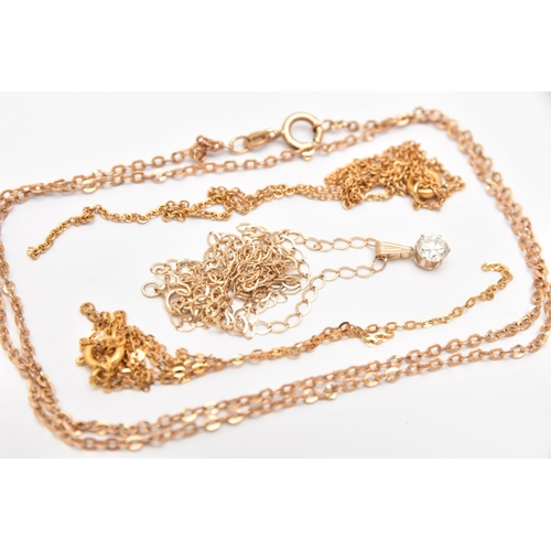456 - FOUR CHAINS, to include a fine belcher chain with a cubic zirconia pendant, stamped 9k, a fine trace... 