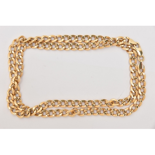 457 - A YELLOW METAL CURB LINK CHAIN, hollow curb links, fitted with a lobster clasp, stamped 14 and 585 t... 