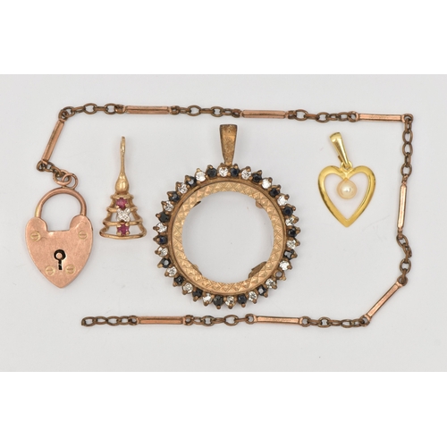 459 - A SMALL ASSORTMENT OF JEWELLERY, to include a 9ct gold coin mount pendant (missing coin), set with s... 