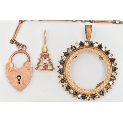 459 - A SMALL ASSORTMENT OF JEWELLERY, to include a 9ct gold coin mount pendant (missing coin), set with s... 