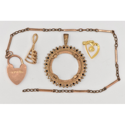 459 - A SMALL ASSORTMENT OF JEWELLERY, to include a 9ct gold coin mount pendant (missing coin), set with s... 