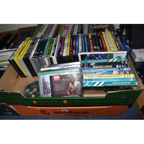FIVE BOXES OF BOOKS AND DVDS, to include approximately eighty books in ...