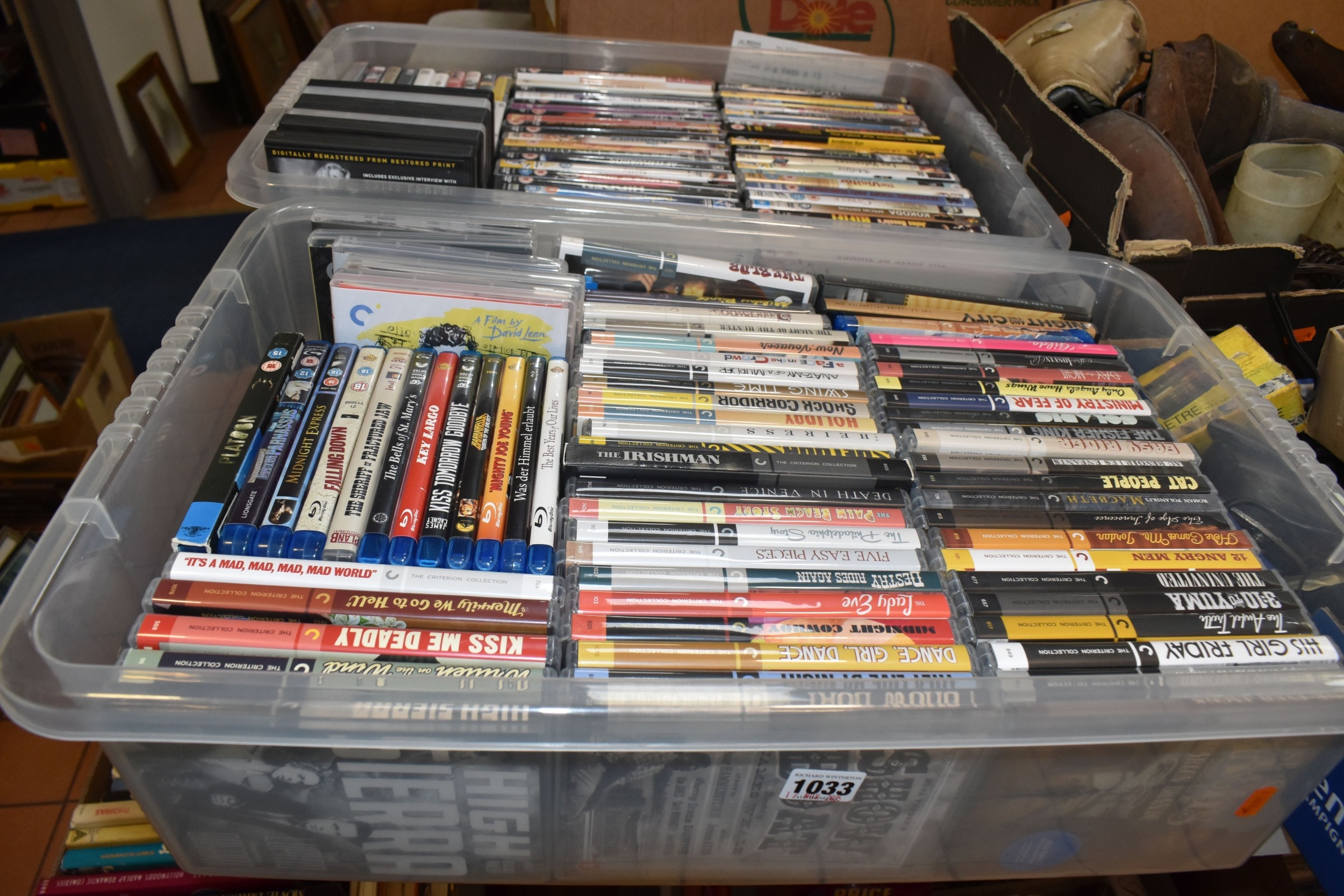 TWO BOXES OF DVDS & BLU-RAY containing 131 miscellaneous film titles ...
