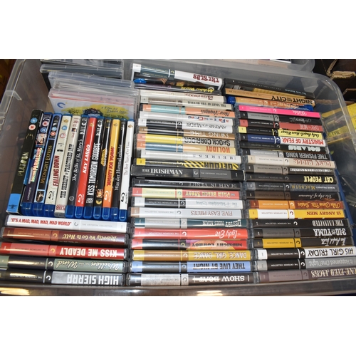 TWO BOXES OF DVDS & BLU-RAY containing 131 miscellaneous film titles ...