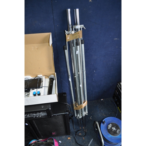 91 - A KUSTOM KPM480 PA AMPLIFIER, a pair of Kustom speakers, two tripod stands, a Numark radio mic (hand... 