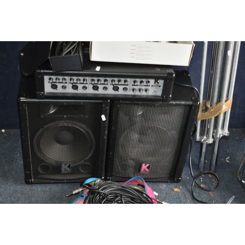 91 - A KUSTOM KPM480 PA AMPLIFIER, a pair of Kustom speakers, two tripod stands, a Numark radio mic (hand... 