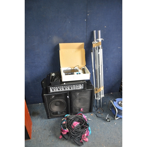91 - A KUSTOM KPM480 PA AMPLIFIER, a pair of Kustom speakers, two tripod stands, a Numark radio mic (hand... 
