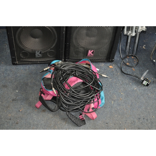 91 - A KUSTOM KPM480 PA AMPLIFIER, a pair of Kustom speakers, two tripod stands, a Numark radio mic (hand... 