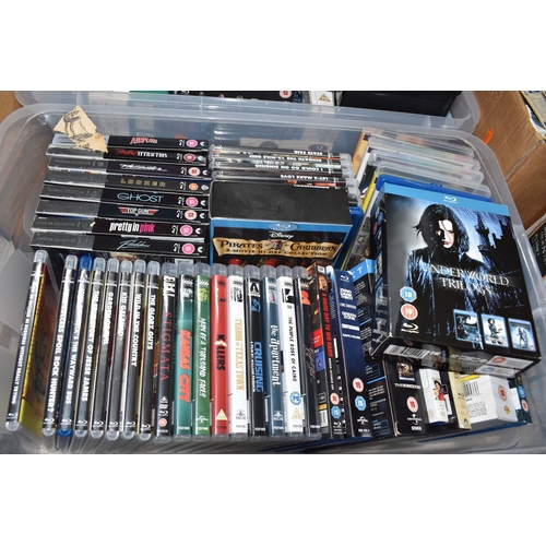 TWO BOXES OF DVDS AND BLU-RAY, approximately one hundred titles of ...