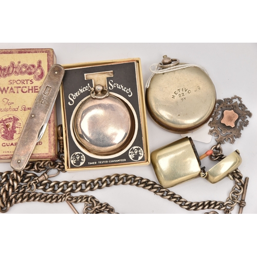 TWO POCKET WATCHES WITH ALBERT CHAINS A VESTA CASE AND A POCKET KNIFE ...