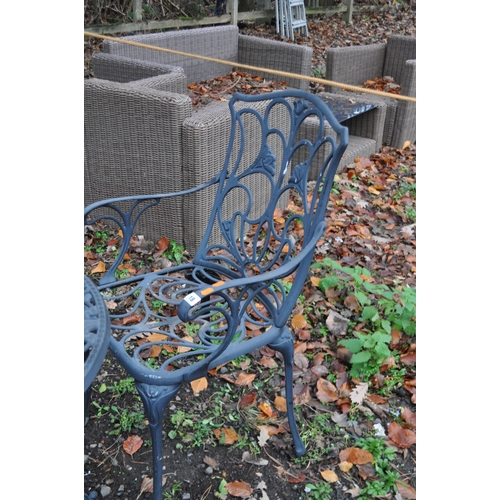 18 - A CAST ALUMINIUM GARDEN TABLE AND TWO MATCHING CHAIRS table diameter 60cm Condition Report; no obvio... 