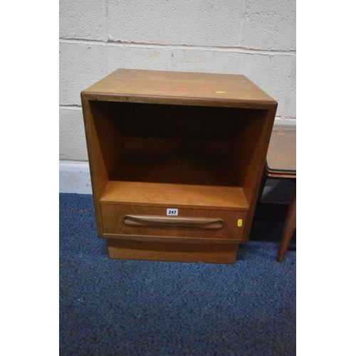 247 - A MID-CENTURY G PLAN FRESCO TEAK BEDSIDE CABINET, with a single drawer, width 46cm x depth 41cm x he... 