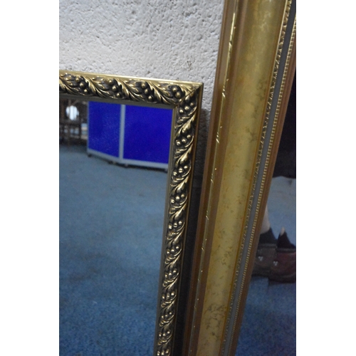 249 - A GILT WOOD RECTANGULAR BEVELLED EDGE WALL MIRROR, 98cm x 68cm, a smaller gilt wood mirror, and anot... 