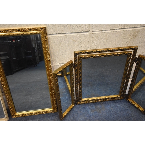 289 - FOUR VARIOUS GILT FRAME MIRRORS, comprising a triple dressing mirror and three wall mirrors, along w... 