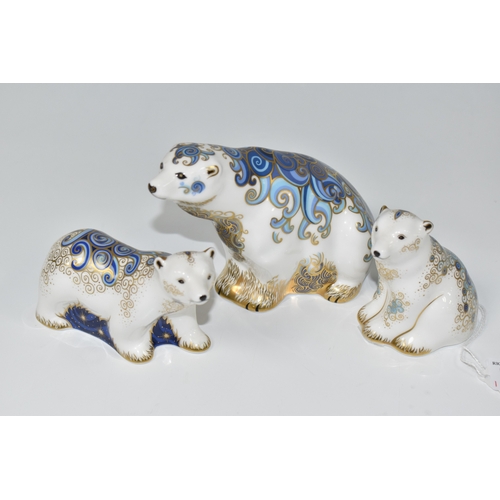 794 - THREE ROYAL CROWN DERBY PAPERWEIGHTS, comprising, 'Polar Bear', gold stopper, MMIX, 'Standing Polar ... 
