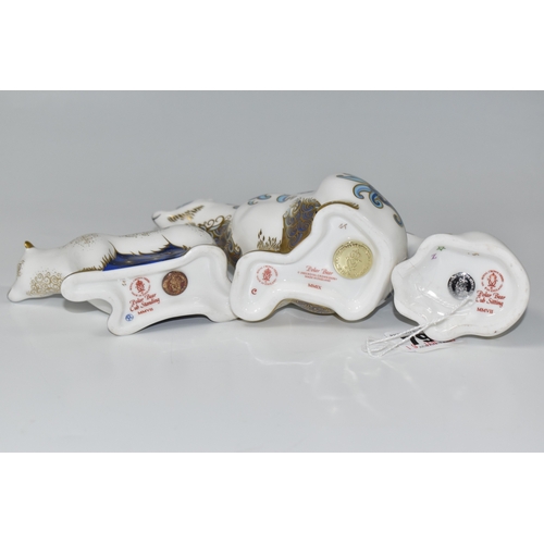 794 - THREE ROYAL CROWN DERBY PAPERWEIGHTS, comprising, 'Polar Bear', gold stopper, MMIX, 'Standing Polar ... 