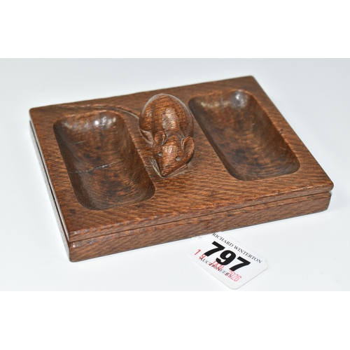 797 - A ROBERT 'MOUSEMAN' THOMPSON OAK DOUBLE PIN TRAY, featuring carved mouse trademark, rectangular form... 