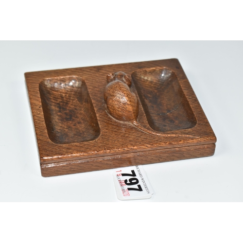 797 - A ROBERT 'MOUSEMAN' THOMPSON OAK DOUBLE PIN TRAY, featuring carved mouse trademark, rectangular form... 