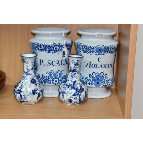 802 - BLUE AND WHITE VINTAGE DELFTWARE APOTHECARY JARS, featuring one that has the words P. SCALIG, (Scali... 