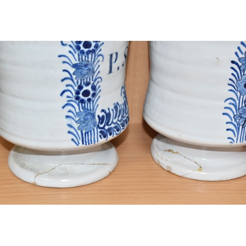 802 - BLUE AND WHITE VINTAGE DELFTWARE APOTHECARY JARS, featuring one that has the words P. SCALIG, (Scali... 