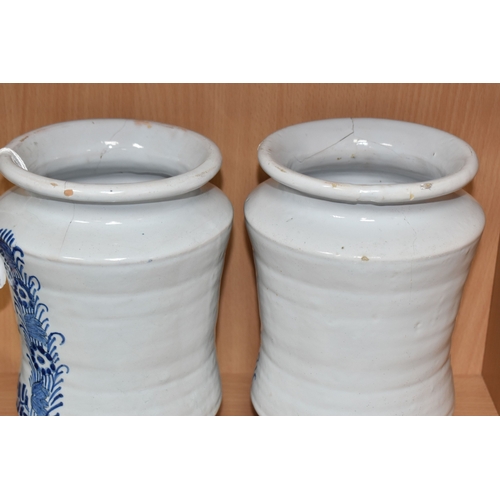 802 - BLUE AND WHITE VINTAGE DELFTWARE APOTHECARY JARS, featuring one that has the words P. SCALIG, (Scali... 