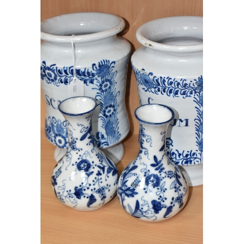 802 - BLUE AND WHITE VINTAGE DELFTWARE APOTHECARY JARS, featuring one that has the words P. SCALIG, (Scali... 