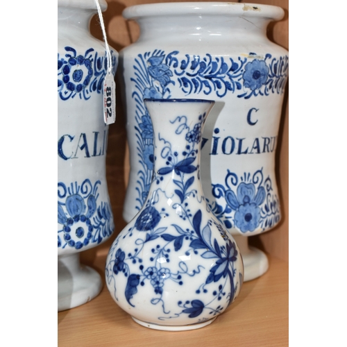 802 - BLUE AND WHITE VINTAGE DELFTWARE APOTHECARY JARS, featuring one that has the words P. SCALIG, (Scali... 