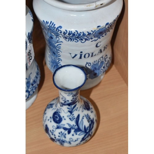 802 - BLUE AND WHITE VINTAGE DELFTWARE APOTHECARY JARS, featuring one that has the words P. SCALIG, (Scali... 