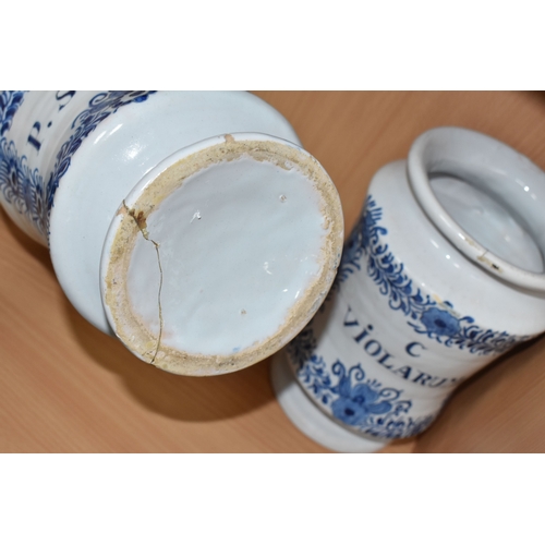802 - BLUE AND WHITE VINTAGE DELFTWARE APOTHECARY JARS, featuring one that has the words P. SCALIG, (Scali... 