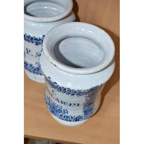 802 - BLUE AND WHITE VINTAGE DELFTWARE APOTHECARY JARS, featuring one that has the words P. SCALIG, (Scali... 