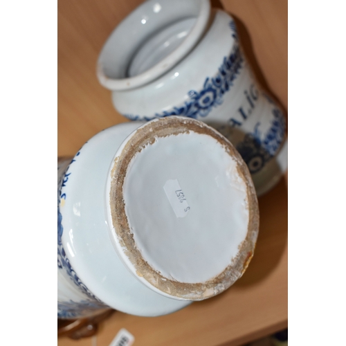 802 - BLUE AND WHITE VINTAGE DELFTWARE APOTHECARY JARS, featuring one that has the words P. SCALIG, (Scali... 