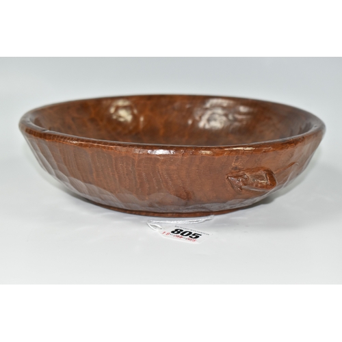 805 - A ROBERT 'MOUSEMAN' THOMPSON HAND CARVED OAK FRUIT BOWL, featuring carved mouse trademark, tooled in... 
