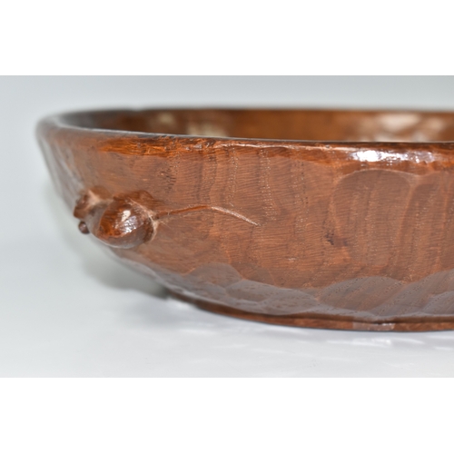 805 - A ROBERT 'MOUSEMAN' THOMPSON HAND CARVED OAK FRUIT BOWL, featuring carved mouse trademark, tooled in... 