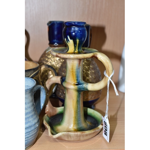 808 - A GROUP OF STUDIO ART POTTERY ITEMS, comprising, Bitossi Rimini Blue 735, candlestick, marked Italy ... 
