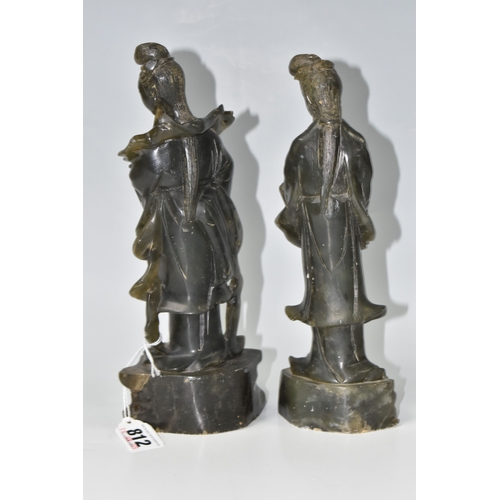 812 - TWO CHINESE CARVED NEPHRITE FIGURES possibly depicting He Xiangu comprising a sculpture of the figur... 