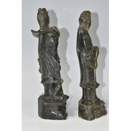 812 - TWO CHINESE CARVED NEPHRITE FIGURES possibly depicting He Xiangu comprising a sculpture of the figur... 
