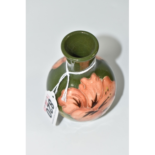 820 - A MOORCROFT POTTERY 'CORAL HIBISCUS' PATTERN VASE, the small bud vase tube-lined with coral pink hib... 
