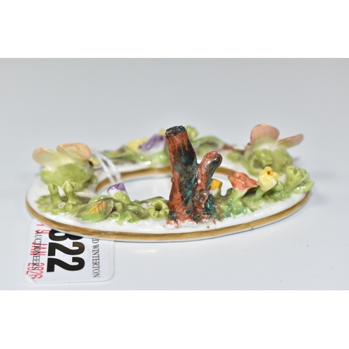 822 - A LATE NINETEENTH STEVENSON AND HANCOCK MENU CARD HOLDER, modelled with flowers and butterflies, pai... 