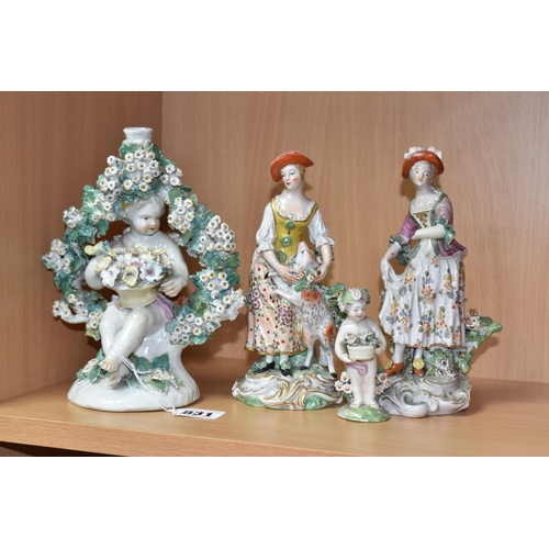 831 - FOUR LATE EIGHTEENTH CENTURY DERBY PORCELAIN FIGURES, comprising a bocage encrusted figural candlest... 