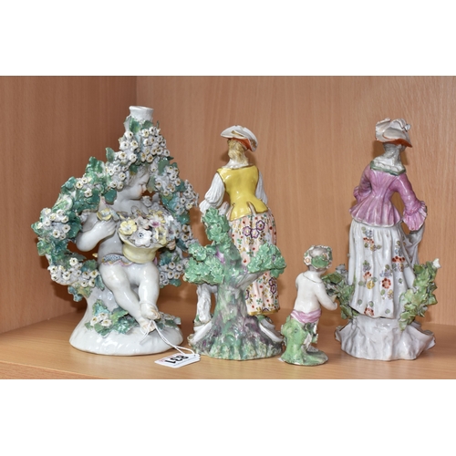 831 - FOUR LATE EIGHTEENTH CENTURY DERBY PORCELAIN FIGURES, comprising a bocage encrusted figural candlest... 