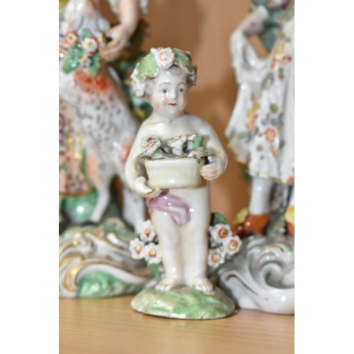 831 - FOUR LATE EIGHTEENTH CENTURY DERBY PORCELAIN FIGURES, comprising a bocage encrusted figural candlest... 