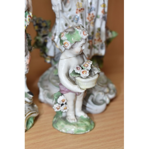 831 - FOUR LATE EIGHTEENTH CENTURY DERBY PORCELAIN FIGURES, comprising a bocage encrusted figural candlest... 