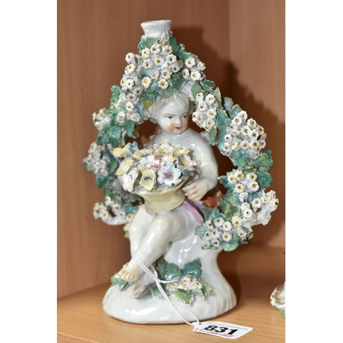 831 - FOUR LATE EIGHTEENTH CENTURY DERBY PORCELAIN FIGURES, comprising a bocage encrusted figural candlest... 