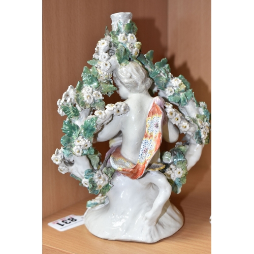 831 - FOUR LATE EIGHTEENTH CENTURY DERBY PORCELAIN FIGURES, comprising a bocage encrusted figural candlest... 