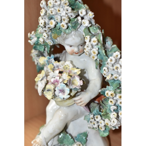 831 - FOUR LATE EIGHTEENTH CENTURY DERBY PORCELAIN FIGURES, comprising a bocage encrusted figural candlest... 