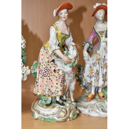 831 - FOUR LATE EIGHTEENTH CENTURY DERBY PORCELAIN FIGURES, comprising a bocage encrusted figural candlest... 